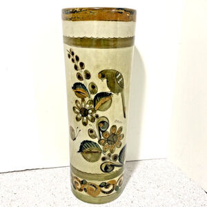 Mexican Pottery Cylinder Vase Southwestern Signed Hand Painted Folk Art Decor